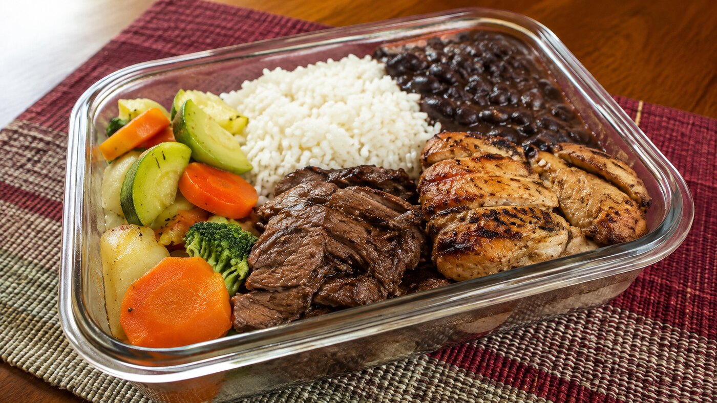 Marmita com arroz, feijão, carnes e acompanhamentos